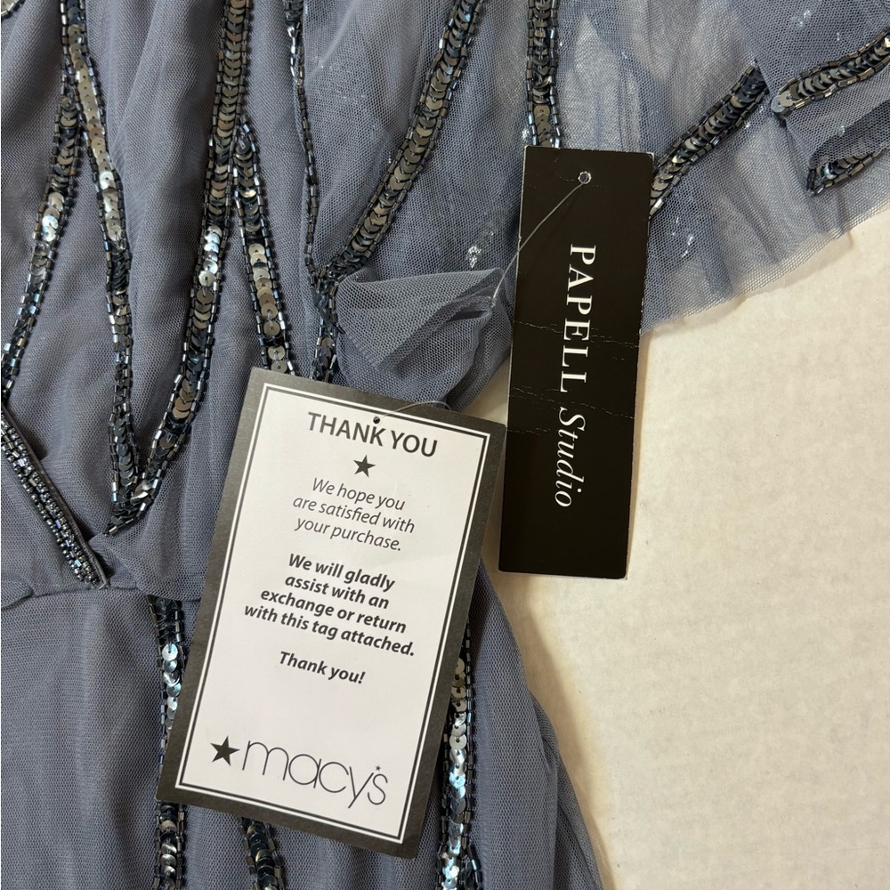 Embellish Bead Mesh Wrap Dress Adrianna Papell Dusty Blue Women’s Size 10 NWT - Picture 2 of 16
